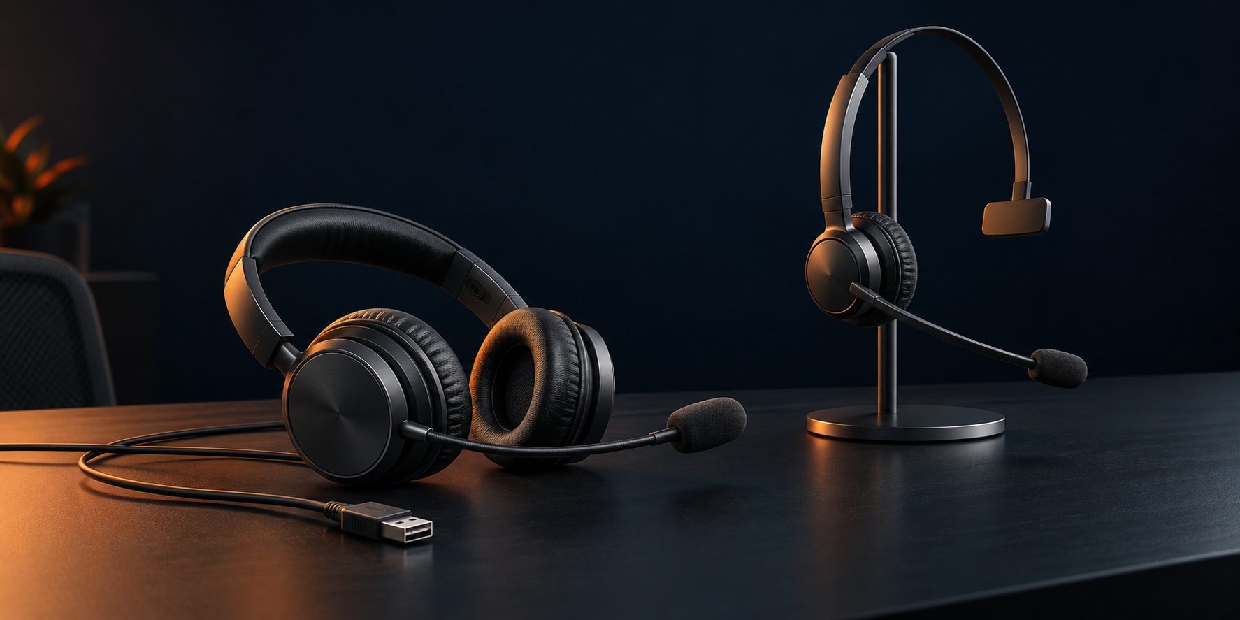 Ilustración de dos auriculares profesionales de oficina, uno estéreo y otro mono, sobre una mesa