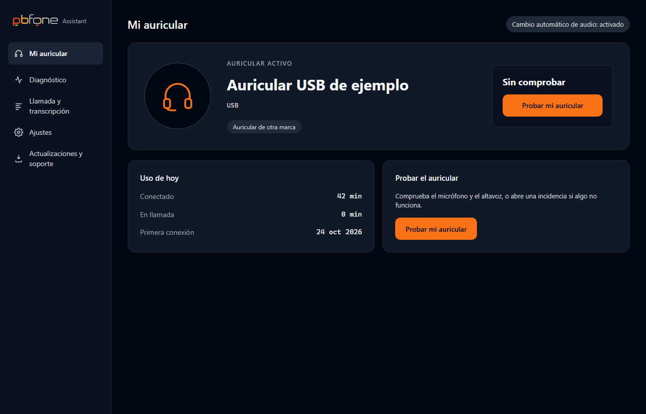 Pantalla Mi auricular: dispositivo USB, uso de hoy y acceso a Probar mi auricular